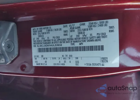 2017 Lincoln Mkc Reserve из США, поврежденный, VIN 5LMCJ3D91HUL53932